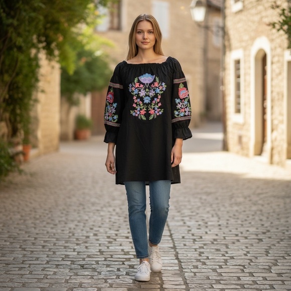 Rebellion Black Tunic with Colorful Floral Embroidery - Picture 3 of 15